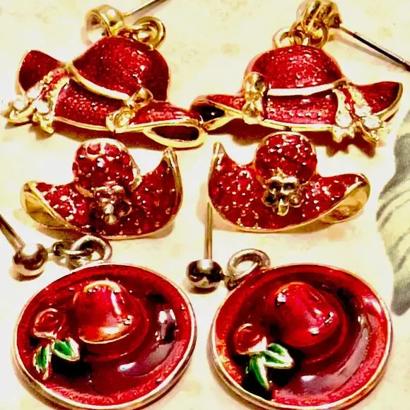 VTG Red Hat Society Jewelry Lot Liz Claiborne Enamel Hat Brooch 3 Sets Earrings - Picture 4 of 9